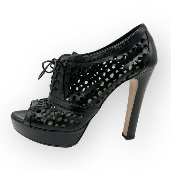 Prada Womens Heels Perforated Lace-Up Platform Black Leather Peep Toe - Picture 5 of 15